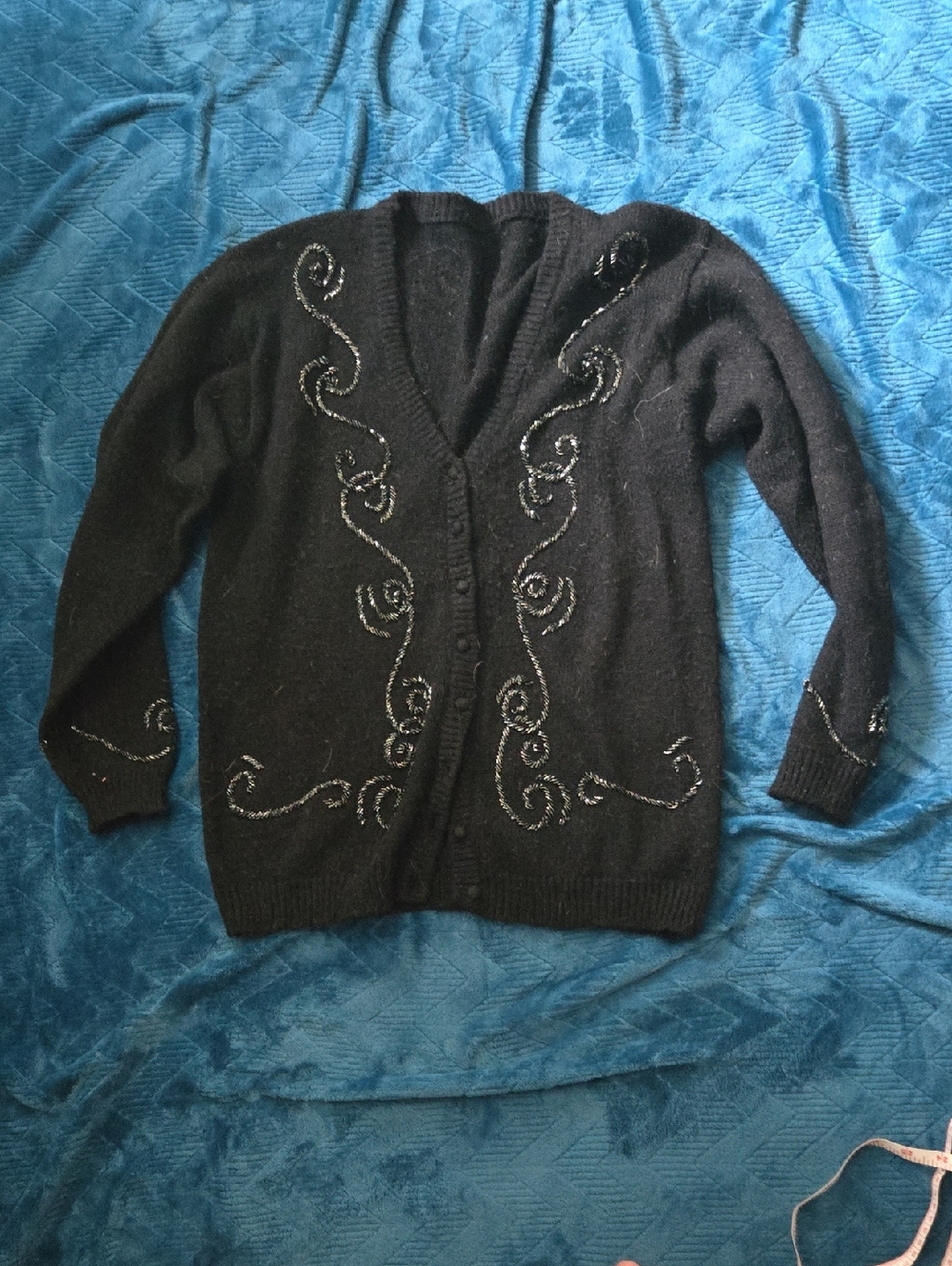 Black Women's V-Neck Cardigan Sweater with Metallic Swirl Detail